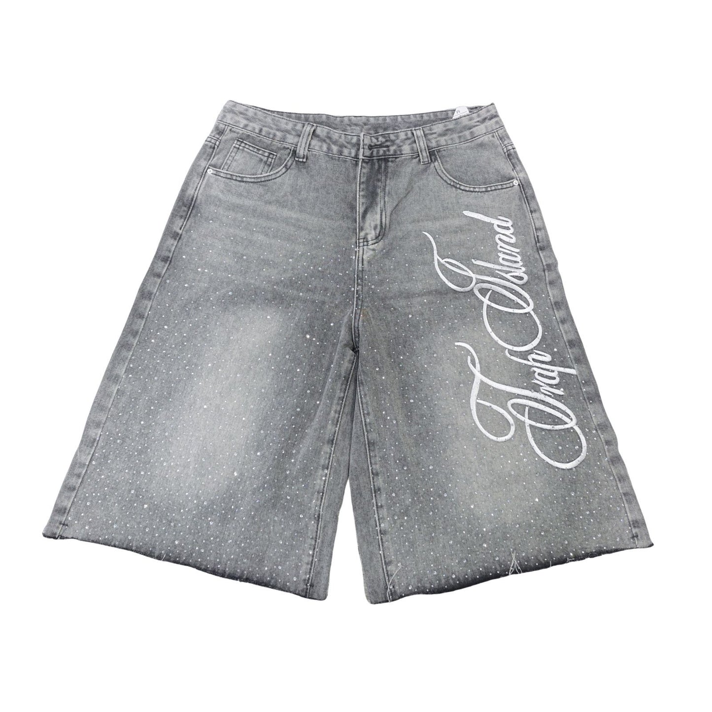 Men's Jeans Shorts Graphic Printed Raw Trim Baggy Denim in grey, flat lay front