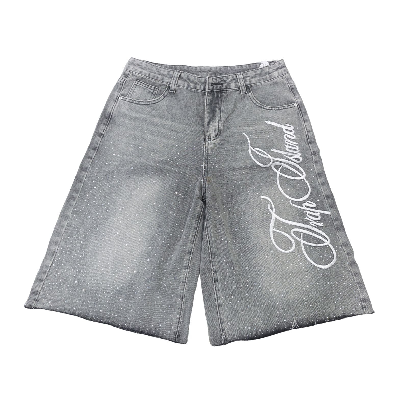 Men's Jeans Shorts Graphic Printed Raw Trim Baggy Denim in grey, flat lay front