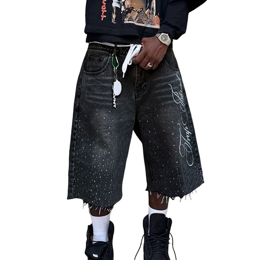 Men's Jeans Shorts  Graphic Printed Raw Trim Baggy Straight Leg Denim Jorts