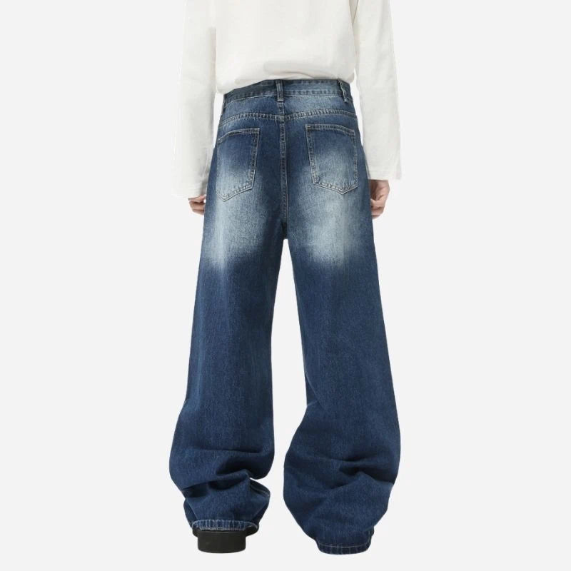 Men’s loose fit straight wide leg jeans baggy denim pants in navy, back view