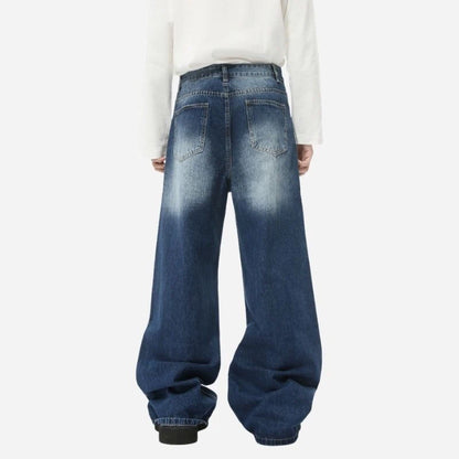 Men’s loose fit straight wide leg jeans baggy denim pants in navy, back view