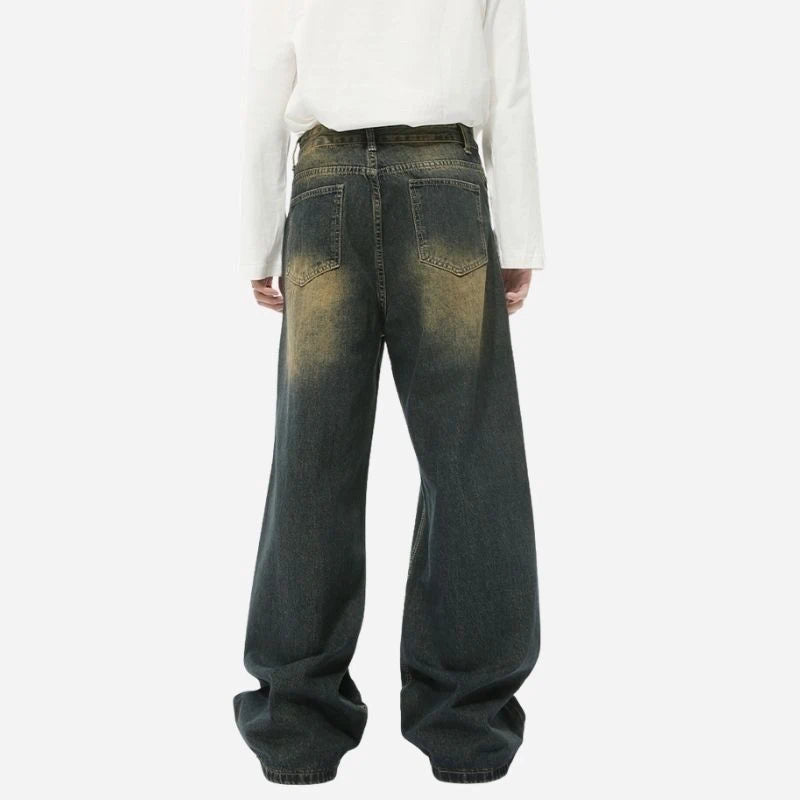 Men’s wide leg jeans baggy denim pants in washed blue, back view