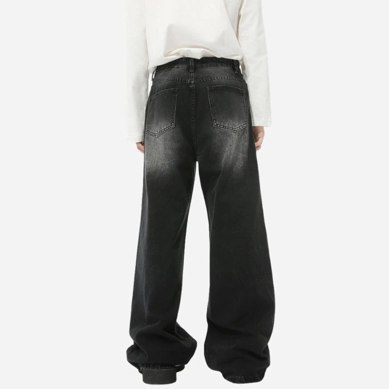 Men’s wide leg jeans baggy denim pants in grey, back view