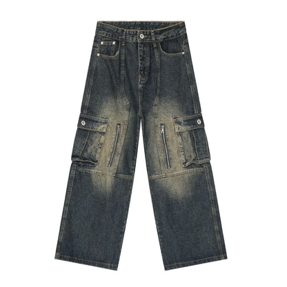 Men’s Multi-Pocket Cargo Jeans Y2K Streetwear Baggy Wide Leg Denim Trousers
