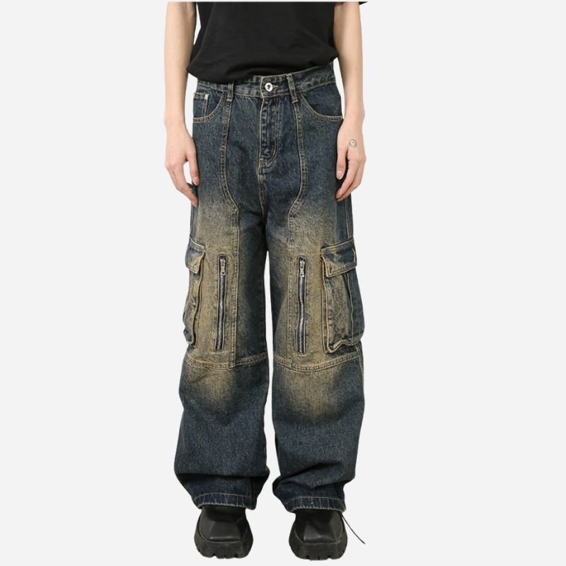 Men’s Multi-Pocket Cargo Jeans Y2K Baggy Wide Leg Denim Trousers, front view