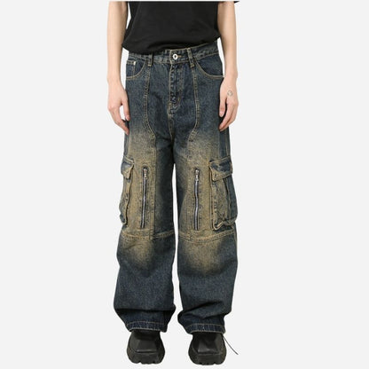 Men’s Multi-Pocket Cargo Jeans Y2K Baggy Wide Leg Denim Trousers, front view