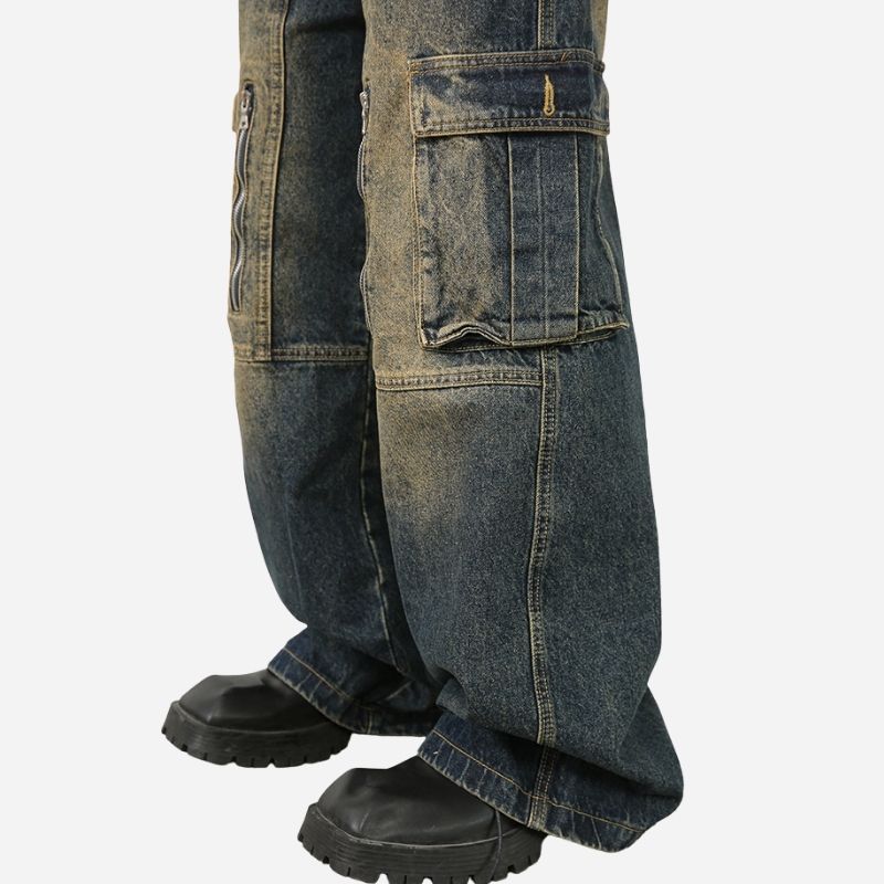 Men’s Multi-Pocket Cargo Jeans Y2K Streetwear Baggy Wide Leg Denim Trousers, hem details
