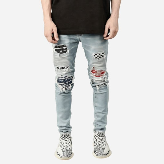 Men's ripped slim fit skinny jeans in light blue, front view