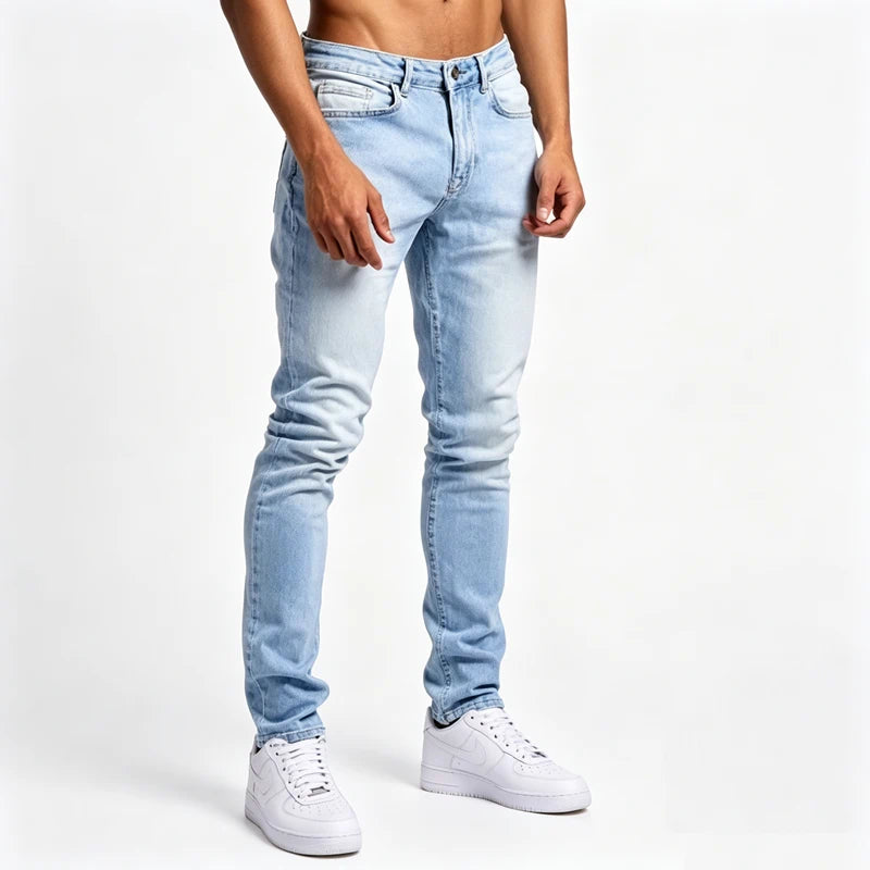 Men's skinny jeans high waisted slim fit denim pants in blue, side view