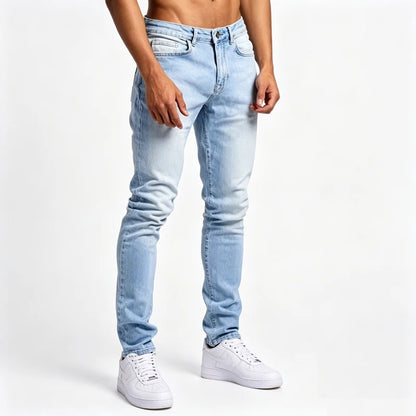 Men's skinny jeans high waisted slim fit denim pants in blue, side view