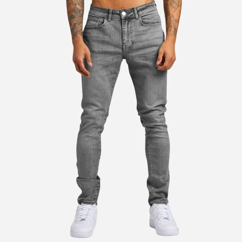 Men's skinny jeans high waisted slim fit denim pants in grey, front view