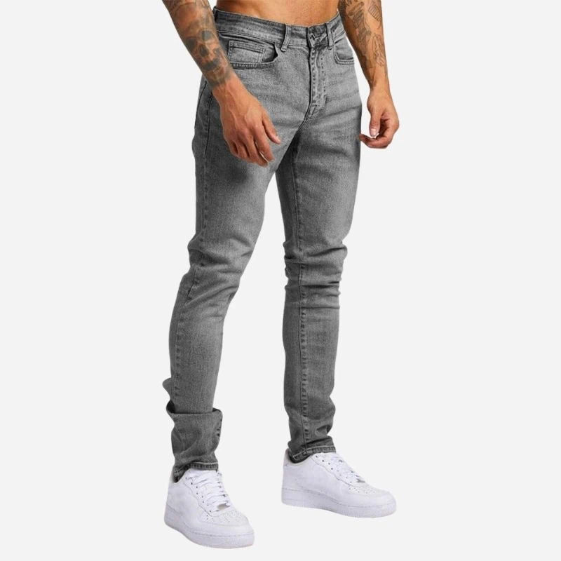 Men's skinny jeans high waisted slim fit denim pants in grey, side view