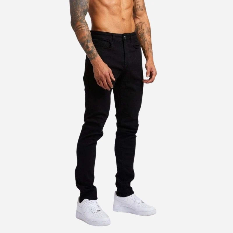 Men's skinny jeans high waisted slim fit denim pants in black, side view