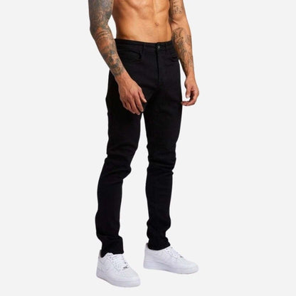 Men's skinny jeans high waisted slim fit denim pants in black, side view