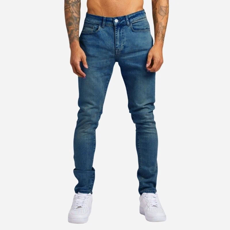 Men's skinny jeans high waisted slim fit denim pants in navy, front view