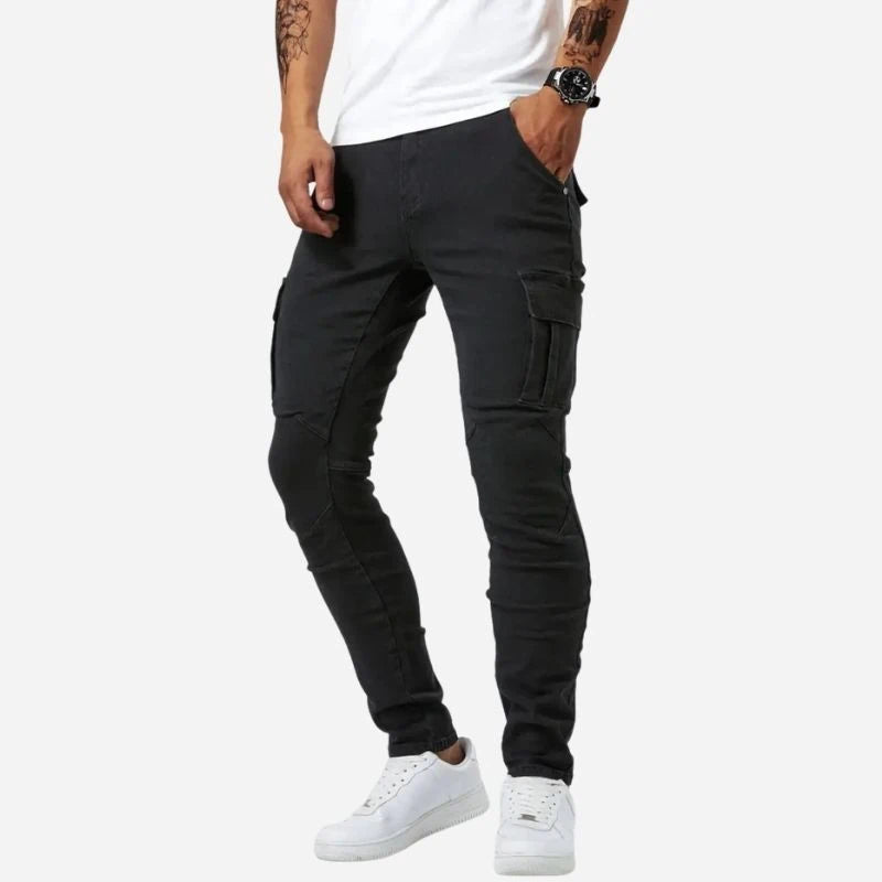 men's slim fit cargo jeans stretch denim pants in black, side view