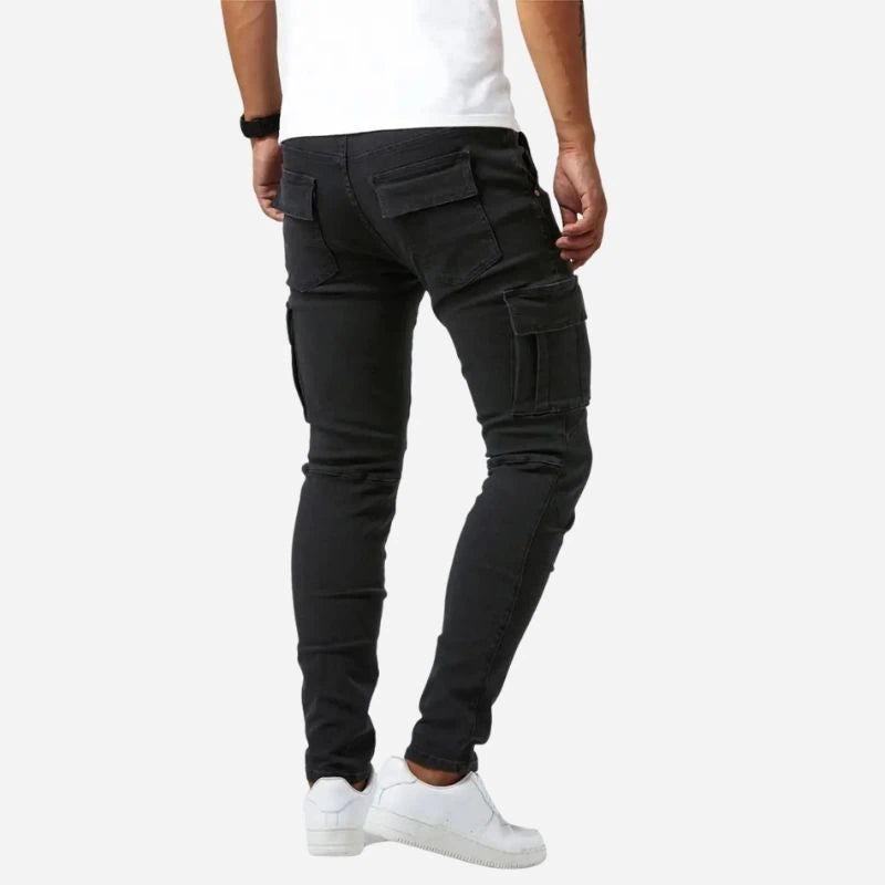 men's slim fit cargo jeans stretch denim pants in black, back view