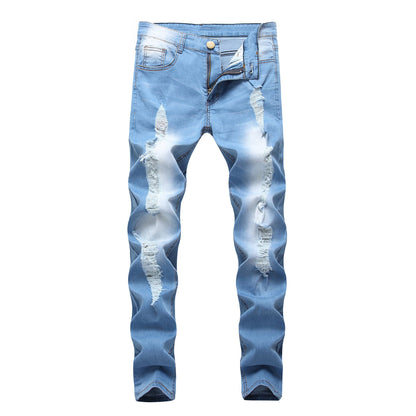 Men's Vintage Distressed Ripped Skinny Jeans Straight Leg Denim Pants