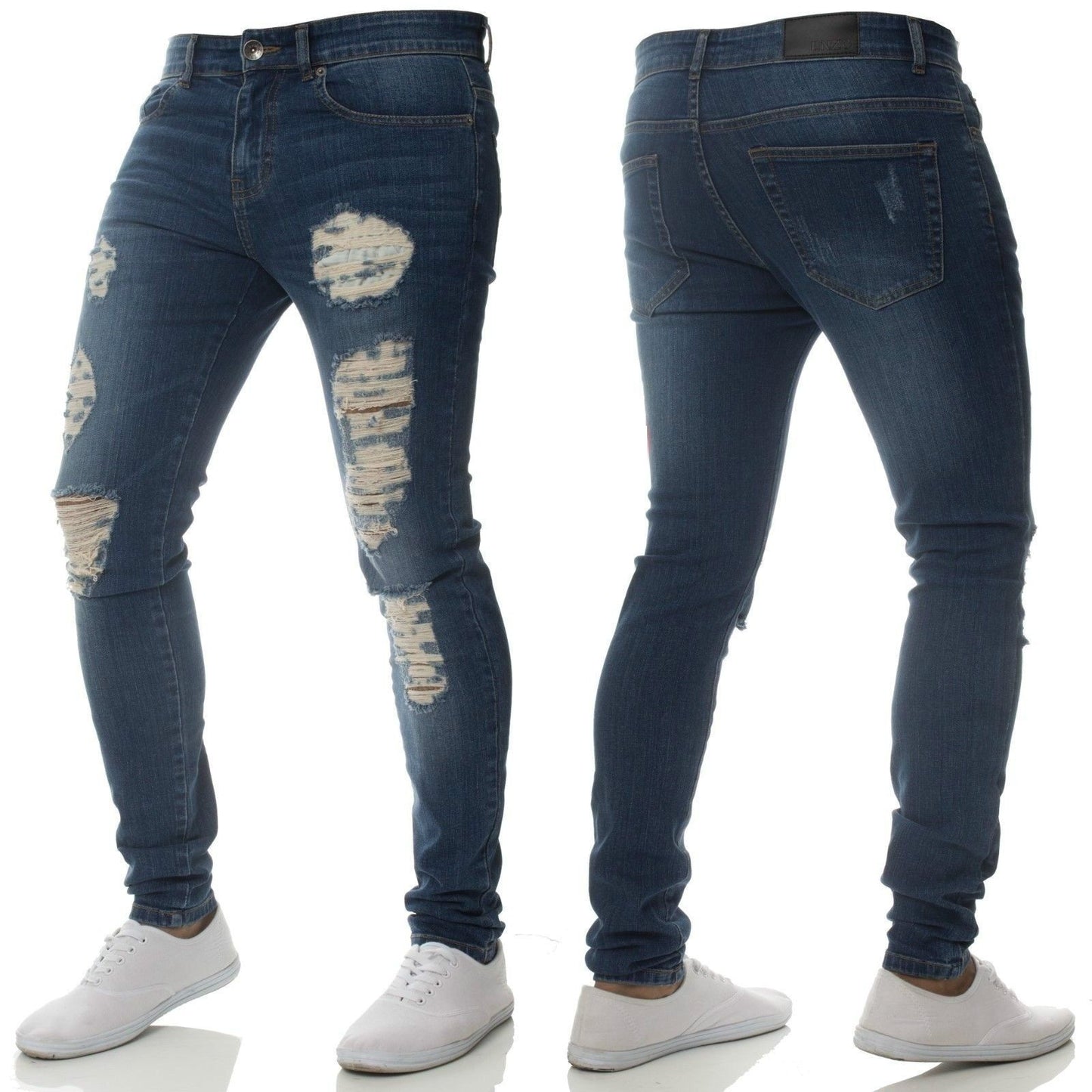 Men's Vintage Distressed Ripped Skinny Jeans Straight Leg Denim Pants