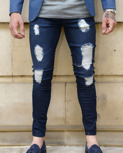 Men's Vintage Distressed Ripped Skinny Jeans Straight Leg Denim Pants