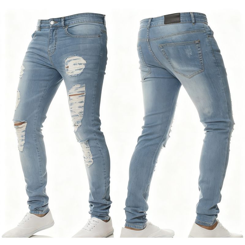 Men's Vintage Distressed Ripped Skinny Jeans Straight Leg Denim Pants
