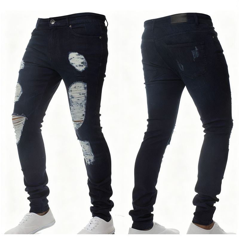 Men's Vintage Distressed Ripped Skinny Jeans Straight Leg Denim Pants