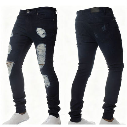 Men's Vintage Distressed Ripped Skinny Jeans Straight Leg Denim Pants