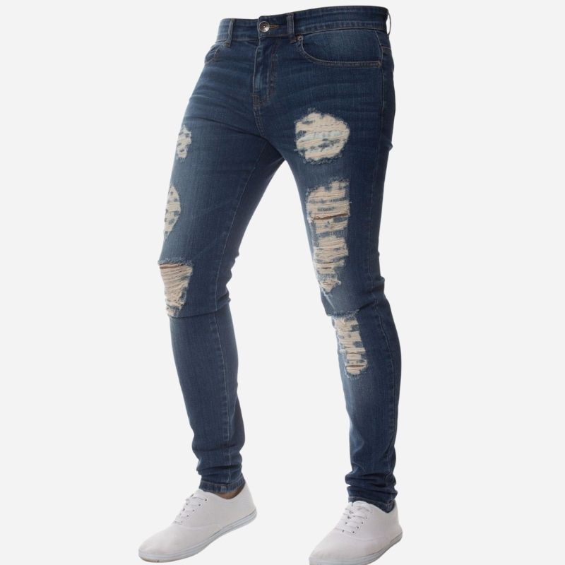 Men's Vintage Distressed Ripped Skinny Jeans Straight Leg Denim Pants