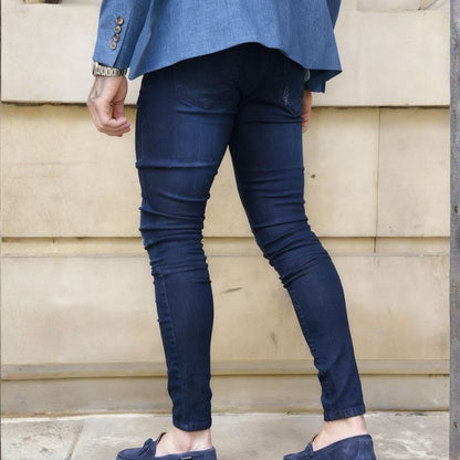 Men's Distressed Ripped Skinny Jeans Straight Leg Denim Pants in navy, back view