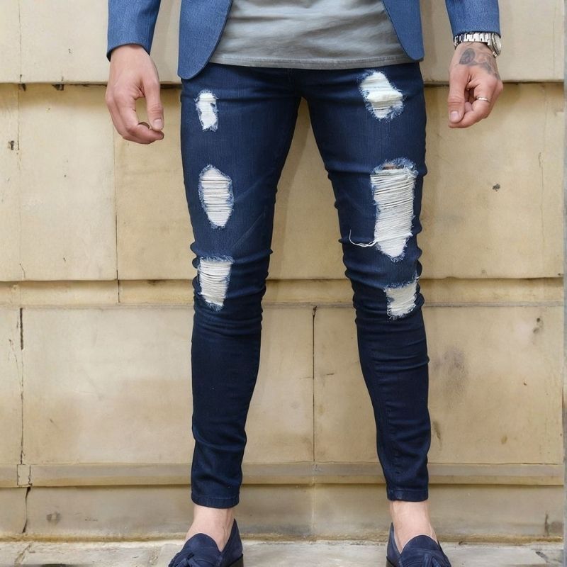 Men's Distressed Ripped Skinny Jeans Straight Leg Denim Pants in navy