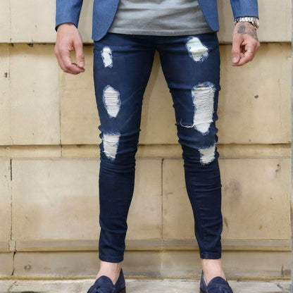 Men's Distressed Ripped Skinny Jeans Straight Leg Denim Pants in navy