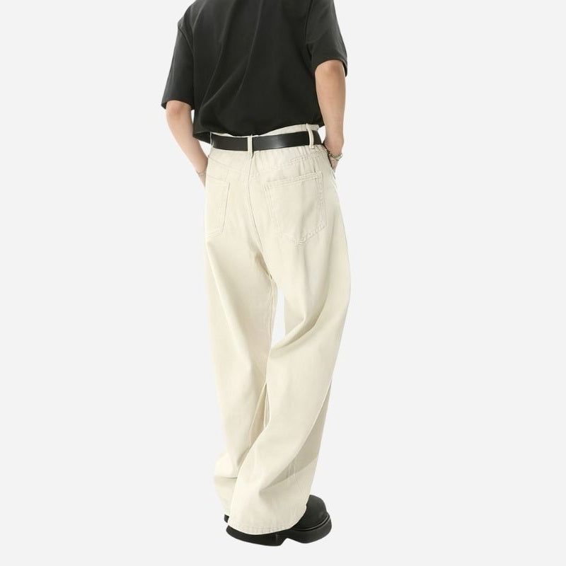 Men’s y2k straight leg baggy jeans loose fit wide denim in beige, back view