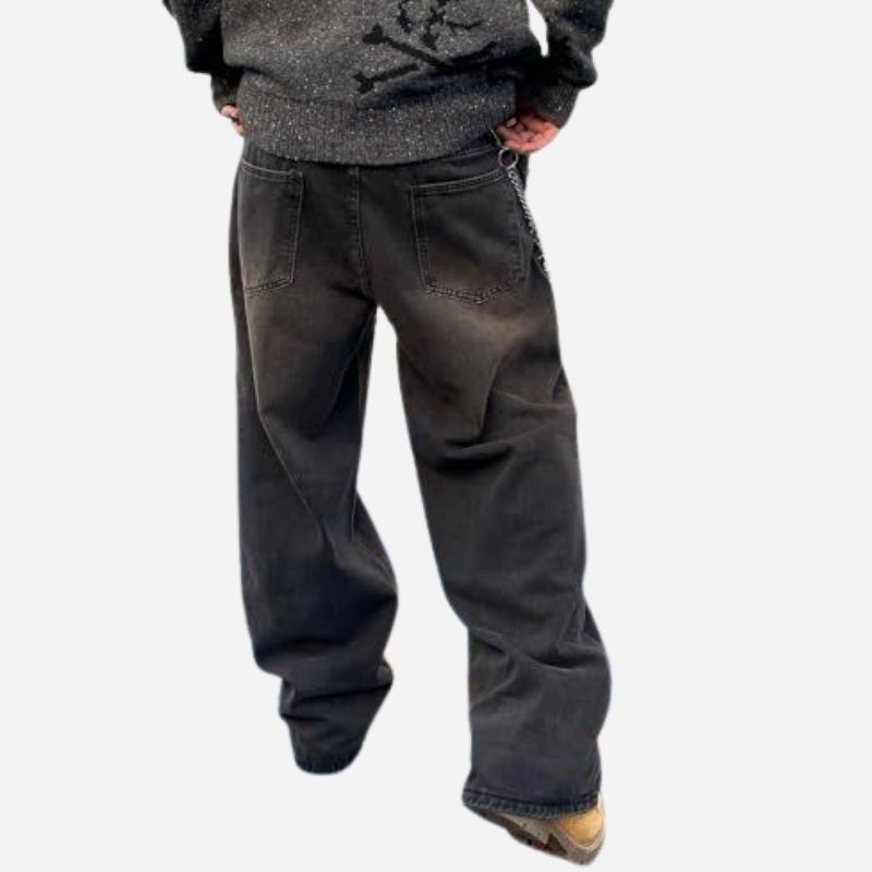 Men’s baggy hip hop skater jeans wide leg streetwear denim pants in black, back view