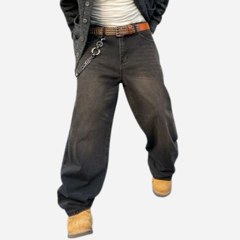 Men’s baggy hip hop skater jeans wide leg streetwear denim pants in black color, front view