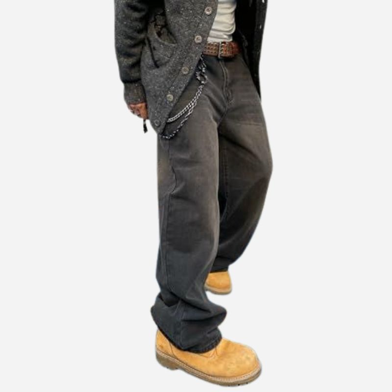 Men’s baggy hip hop skater jeans wide leg streetwear denim pants in black color, side view