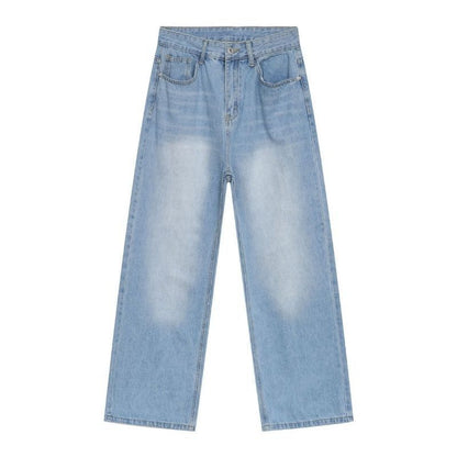 Men’s baggy hip hop skater jeans wide leg streetwear denim pants in blue, flat lay front