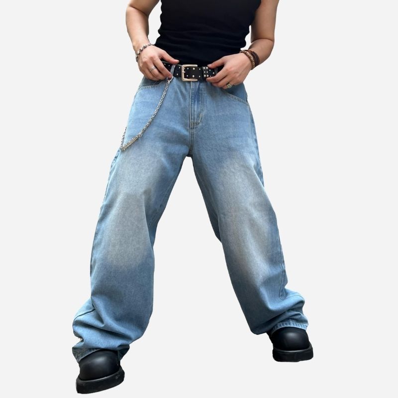 Men’s baggy hip hop skater jeans wide leg streetwear denim pants in blue, front view
