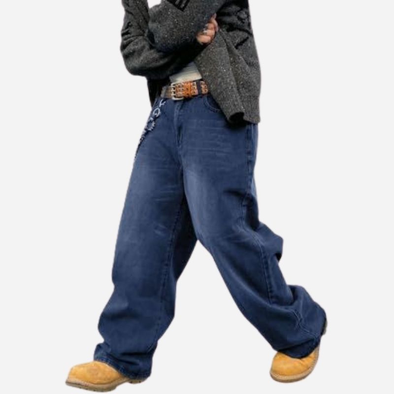 Men’s baggy hip hop skater jeans wide leg streetwear denim pants in navy, front view