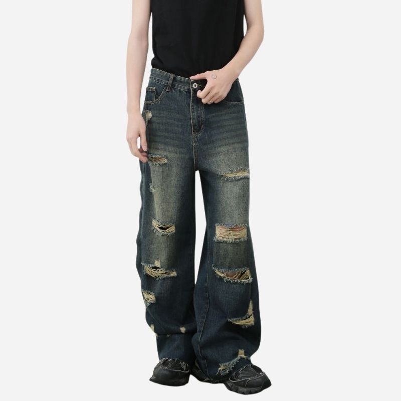 Men's baggy ripped jeans wide leg hip hop loose fit denim y2k streetwear, front view