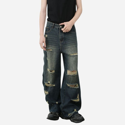 Men's baggy ripped jeans wide leg hip hop loose fit denim y2k streetwear, front view