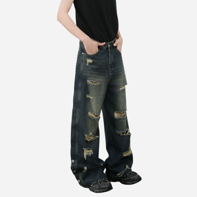 Men's baggy ripped jeans wide leg hip hop loose fit denim y2k streetwear, side view