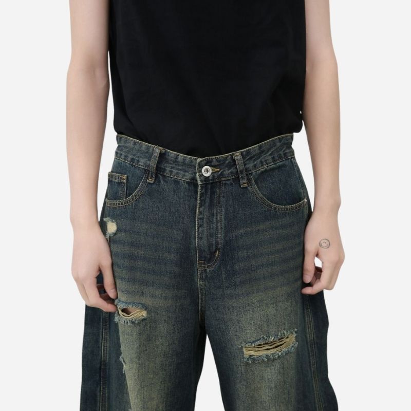Men's baggy ripped jeans wide leg hip hop loose fit denim y2k streetwear, waistband details