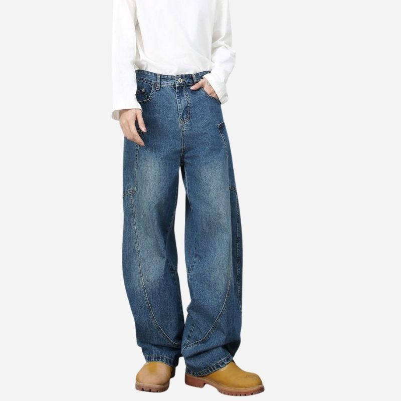 Men’s baggy wide leg straight jeans mid rise y2k loose fit denim pants in blue, side view