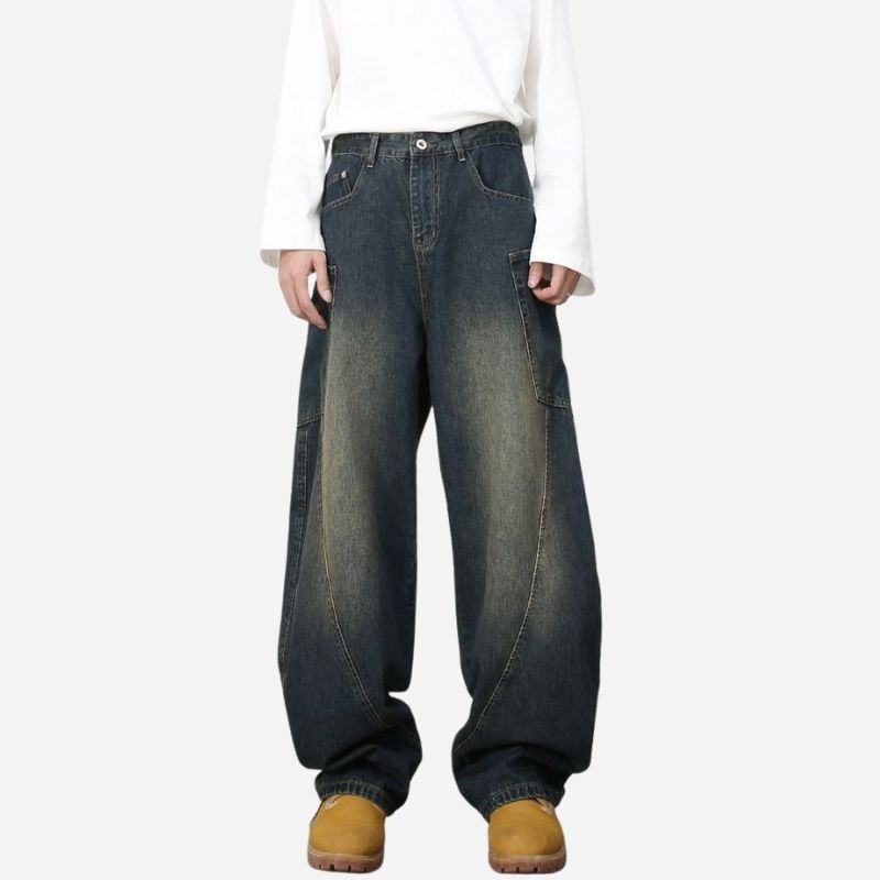 Men’s baggy wide leg straight jeans mid rise y2k loose fit denim pants in navy color, front view.