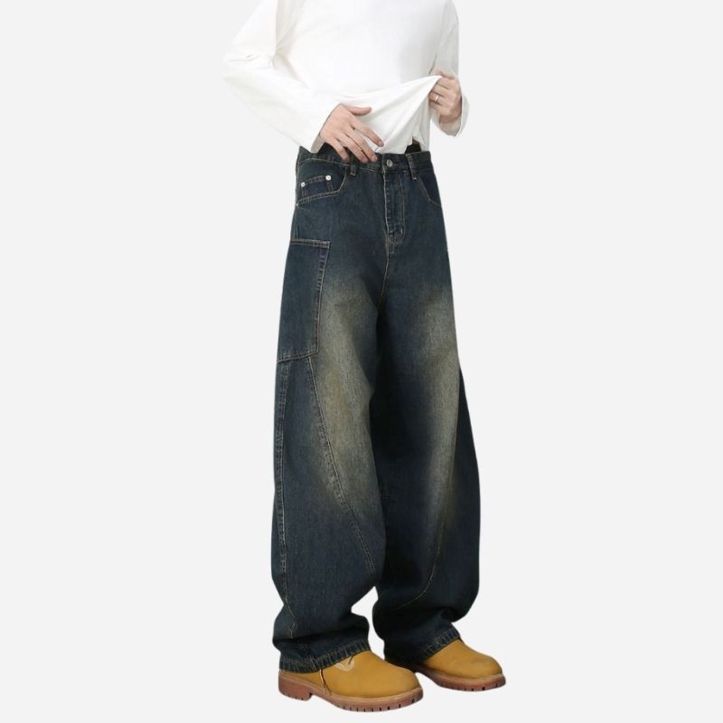 Men’s baggy wide leg straight jeans mid rise y2k loose fit denim pants in navy color, side view
