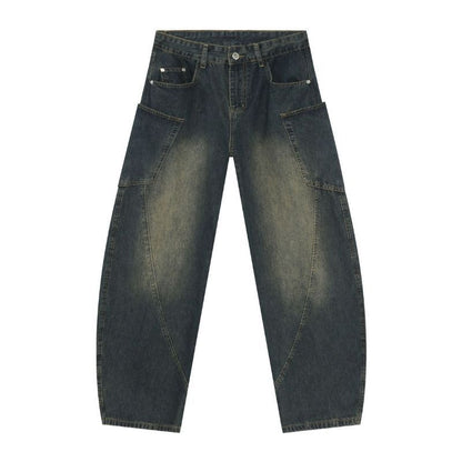 Men’s baggy wide leg straight jeans mid rise y2k loose fit denim pants in navy, flat lay front