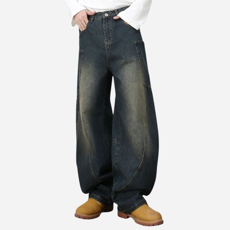 Men’s baggy wide leg straight jeans mid rise y2k loose fit denim pants in navy, front view