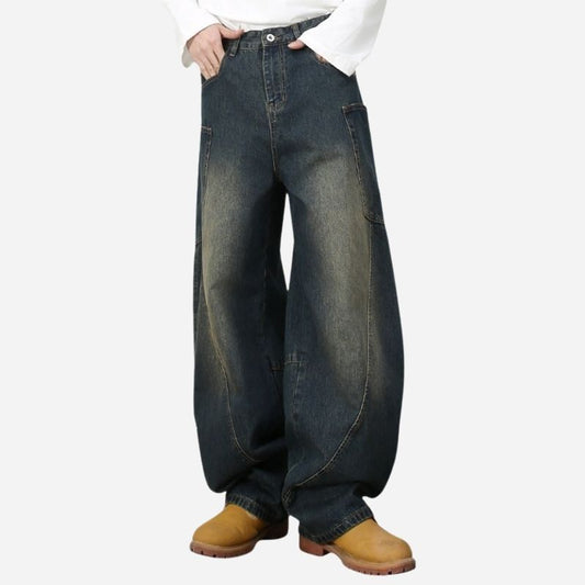 Men’s baggy wide leg straight jeans mid rise y2k loose fit denim pants in navy, front view