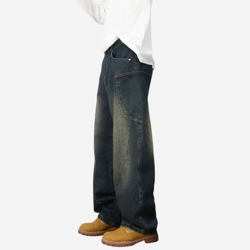 Men’s baggy wide leg straight jeans mid rise y2k loose fit denim pants in navy, side view