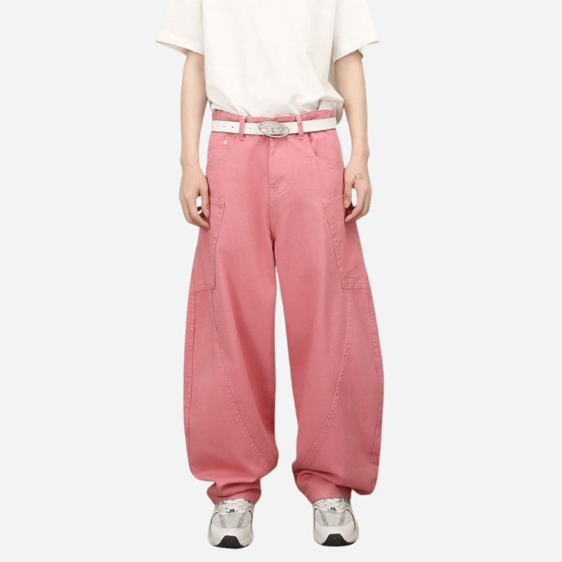 Men’s baggy wide leg straight jeans mid rise y2k loose fit denim pants in pink, front view